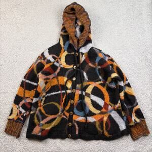 Tara Handknits Cardigan Womens Large Wool Knit Sweater Geometric Hood Colorful